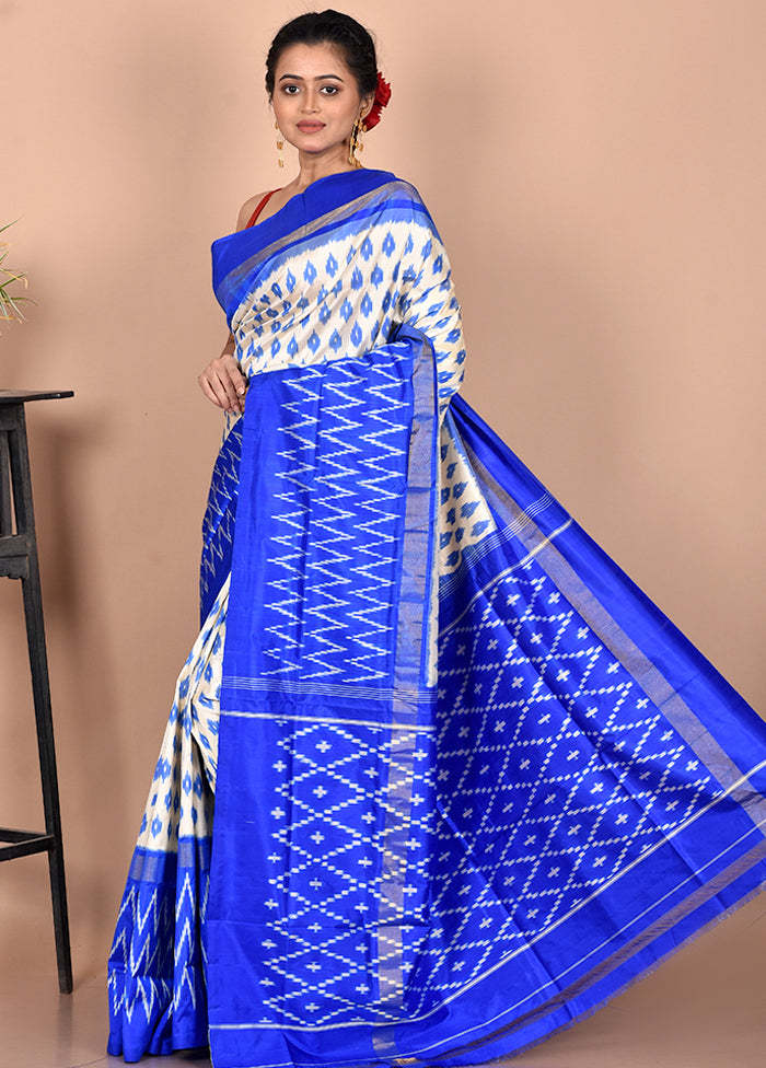 Cream Pure Ikkat Silk Saree Without Blouse Piece - Indian Silk House Agencies