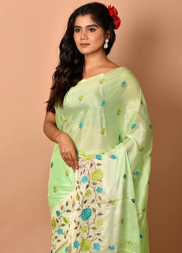 Mint Green Embroidered Chiffon Saree With Blouse Piece - Indian Silk House Agencies