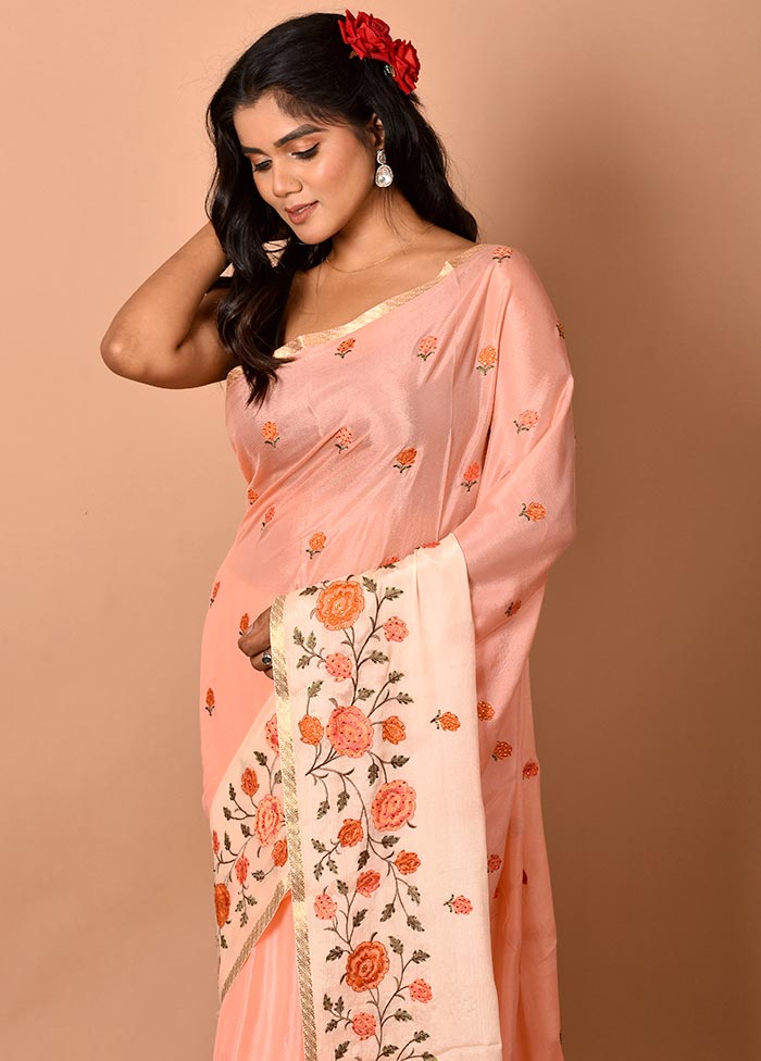 Light Pink Embroidered Chiffon Saree With Blouse Piece - Indian Silk House Agencies