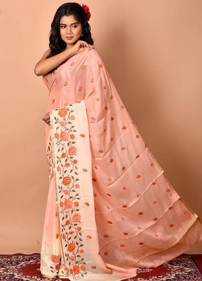 Light Pink Embroidered Chiffon Saree With Blouse Piece - Indian Silk House Agencies