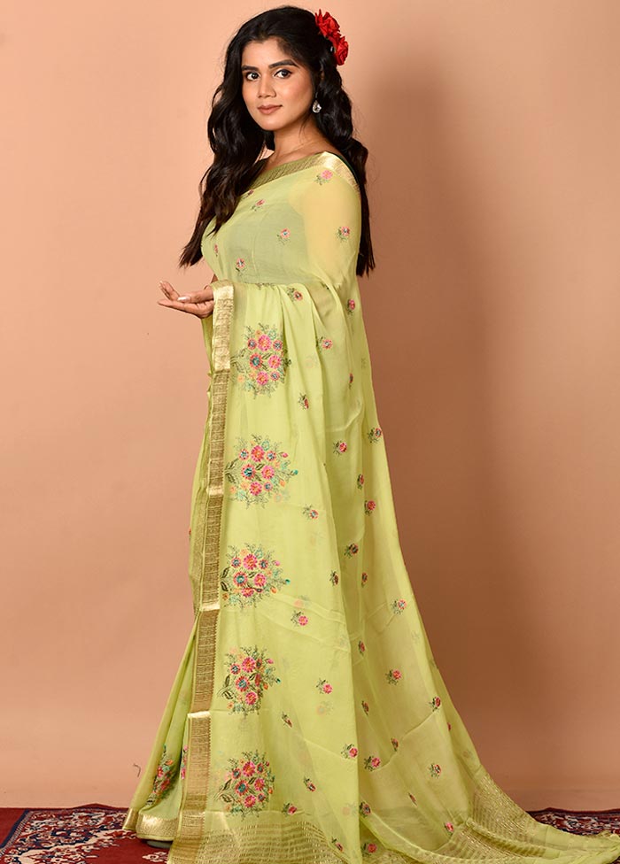 Lemon Green Embroidered Pure Chiffon Saree With Blouse Piece - Indian Silk House Agencies