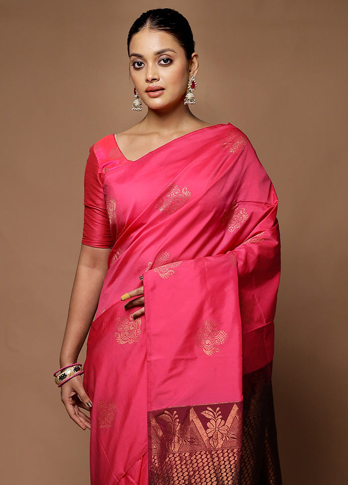 Pink Kanjivaram Silk Saree With Blouse Piece