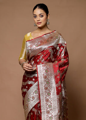 Maroon Banarasi Silk Saree With Blouse Piece