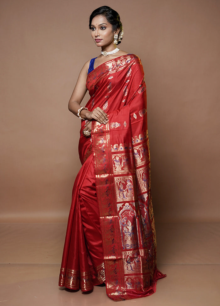 Red Handloom Baluchari Pure Silk Saree With Blouse Piece