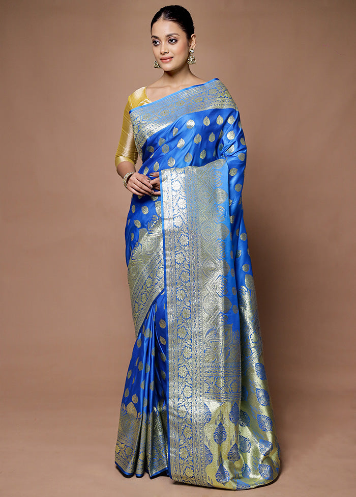 Blue Banarasi Silk Saree With Blouse Piece