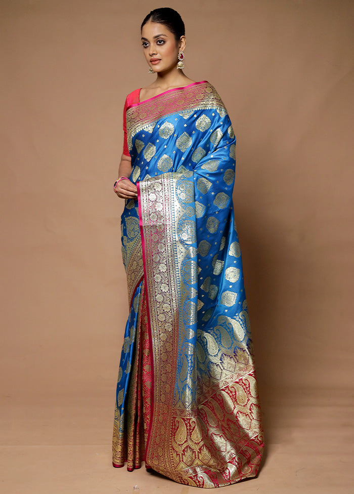 Blue Banarasi Silk Saree With Blouse Piece