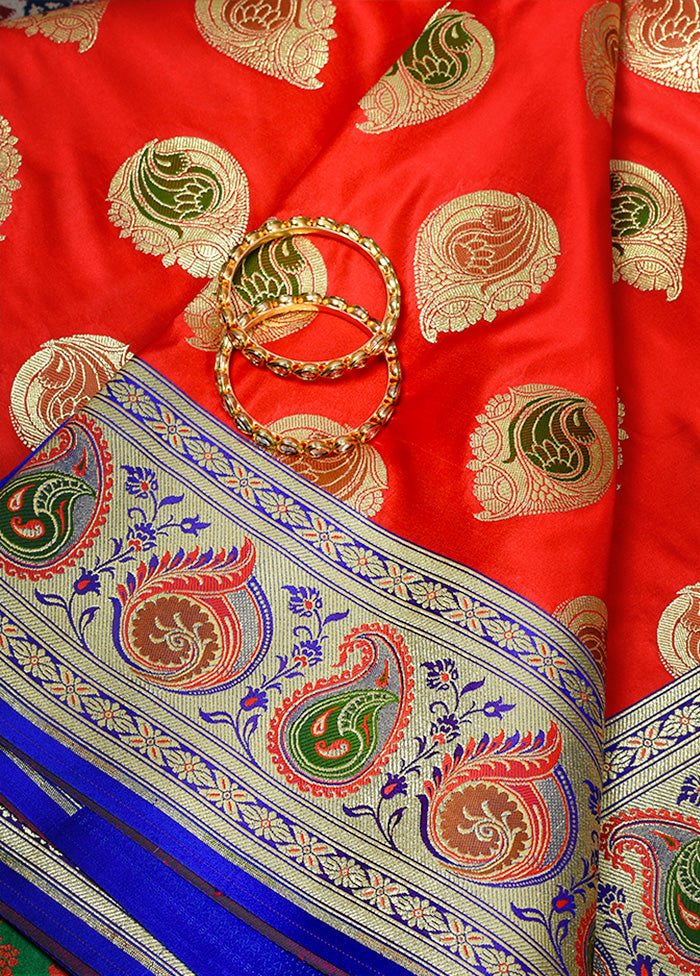Red Patli Pallu Banarasi Silk Saree With Blouse Piece - Indian Silk House Agencies