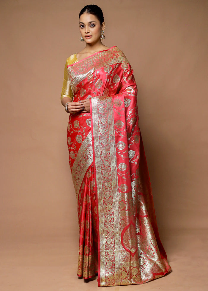 Pink Banarasi Silk Saree With Blouse Piece