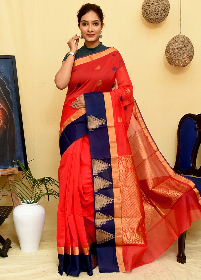 Red Cotton Silk Saree With Blouse - Indian Silk House Agencies