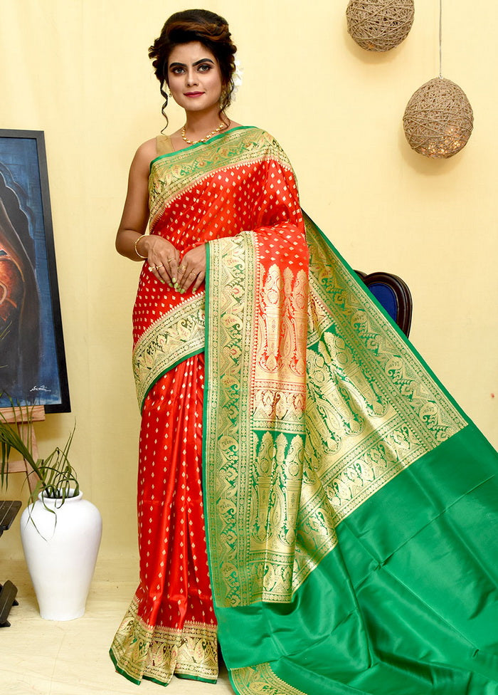 Red Handloom Banarasi Pure Silk Saree With Blouse - Indian Silk House Agencies