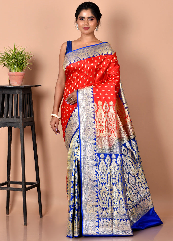 Red Pure Patli Pallu Banarasi Silk Saree With Blouse Piece - Indian Silk House Agencies