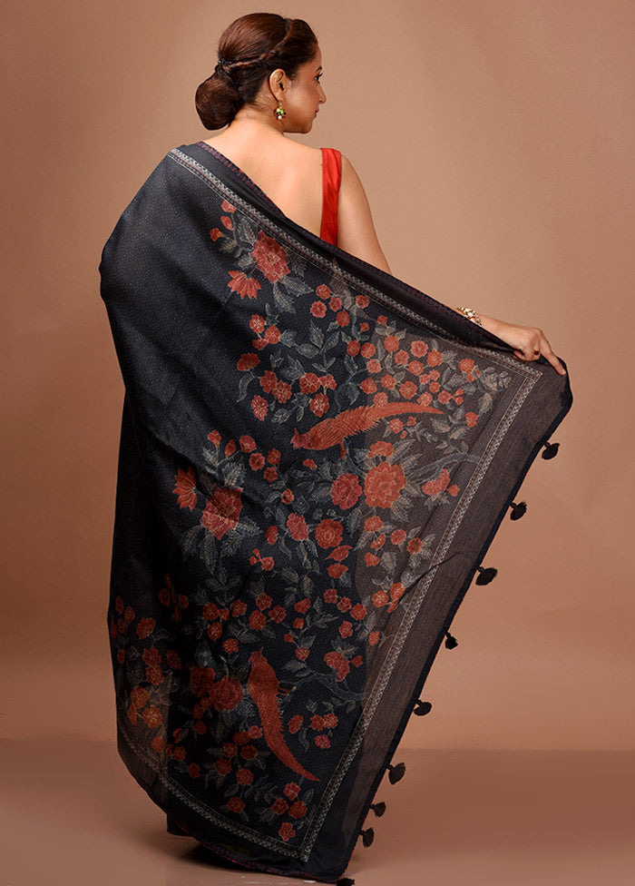 Black Tussar Pure Silk Saree With Blouse Piece - Indian Silk House Agencies