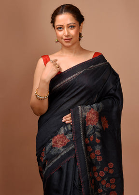 Black Tussar Pure Silk Saree With Blouse Piece - Indian Silk House Agencies