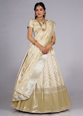 3 Pc Cream Silk Semi Stitched Lehenga Set - Indian Silk House Agencies