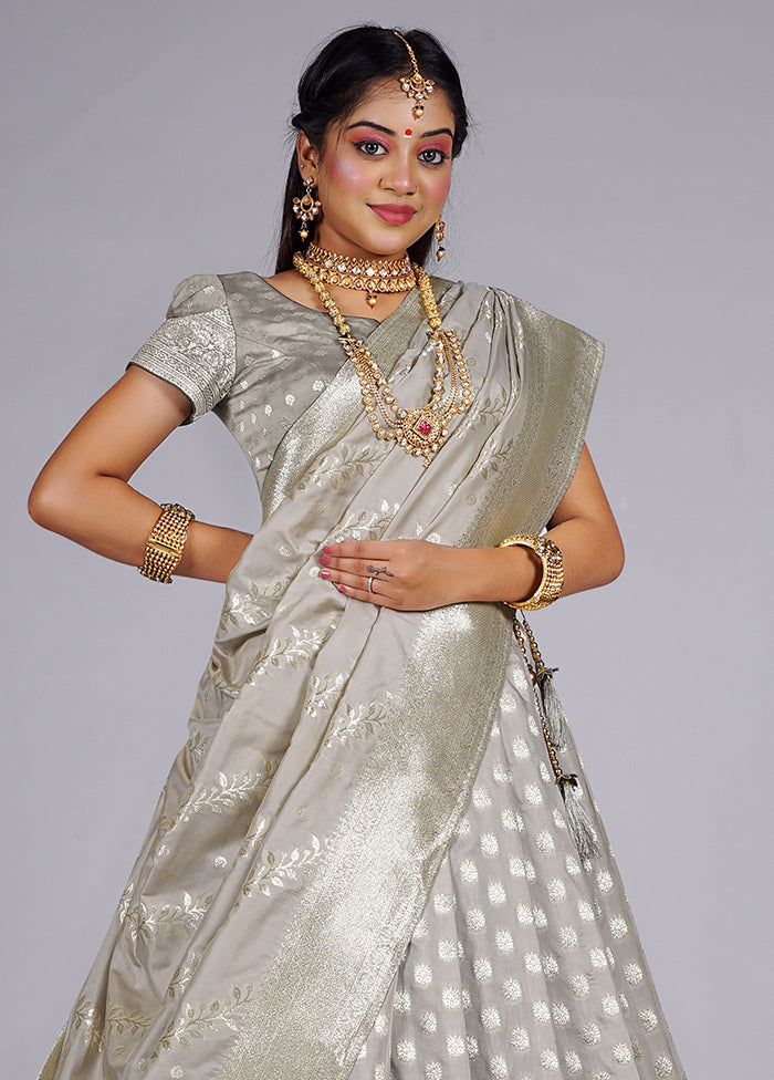 3 Pc Grey Silk Semi Stitched Lehenga Set - Indian Silk House Agencies