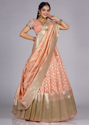 3 Pc Light Peach Silk Semi Stitched Lehenga Set - Indian Silk House Agencies