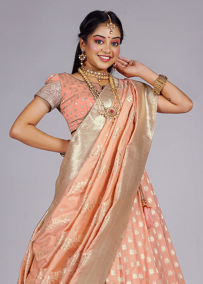 3 Pc Light Peach Silk Semi Stitched Lehenga Set - Indian Silk House Agencies