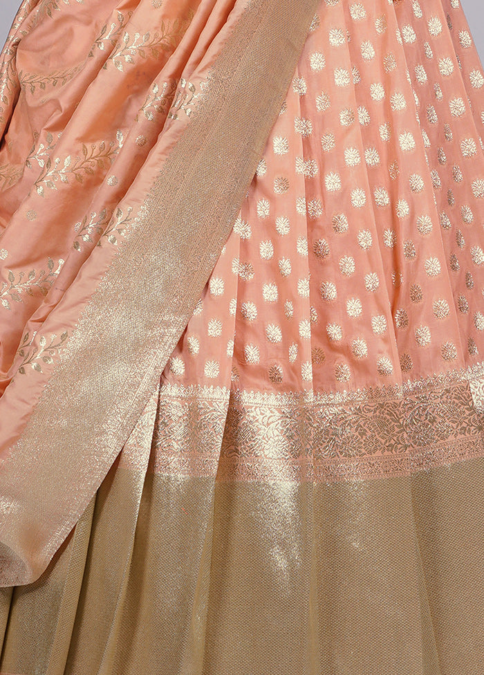 3 Pc Light Peach Silk Semi Stitched Lehenga Set - Indian Silk House Agencies