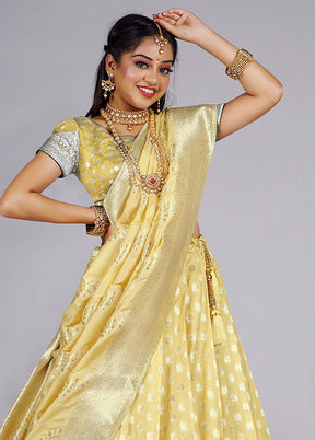 3 Pc Light Yellow Silk Semi Stitched Lehenga Set - Indian Silk House Agencies