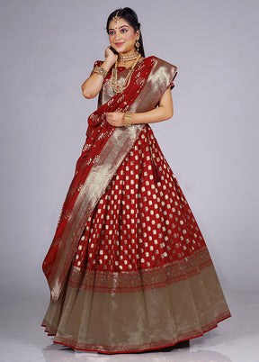 3 Pc Maroon Silk Semi Stitched Lehenga Set - Indian Silk House Agencies