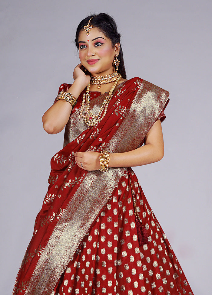 3 Pc Maroon Silk Semi Stitched Lehenga Set - Indian Silk House Agencies