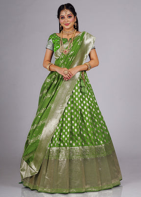 3 Pc Parrot Green Silk Semi Stitched Lehenga Set - Indian Silk House Agencies