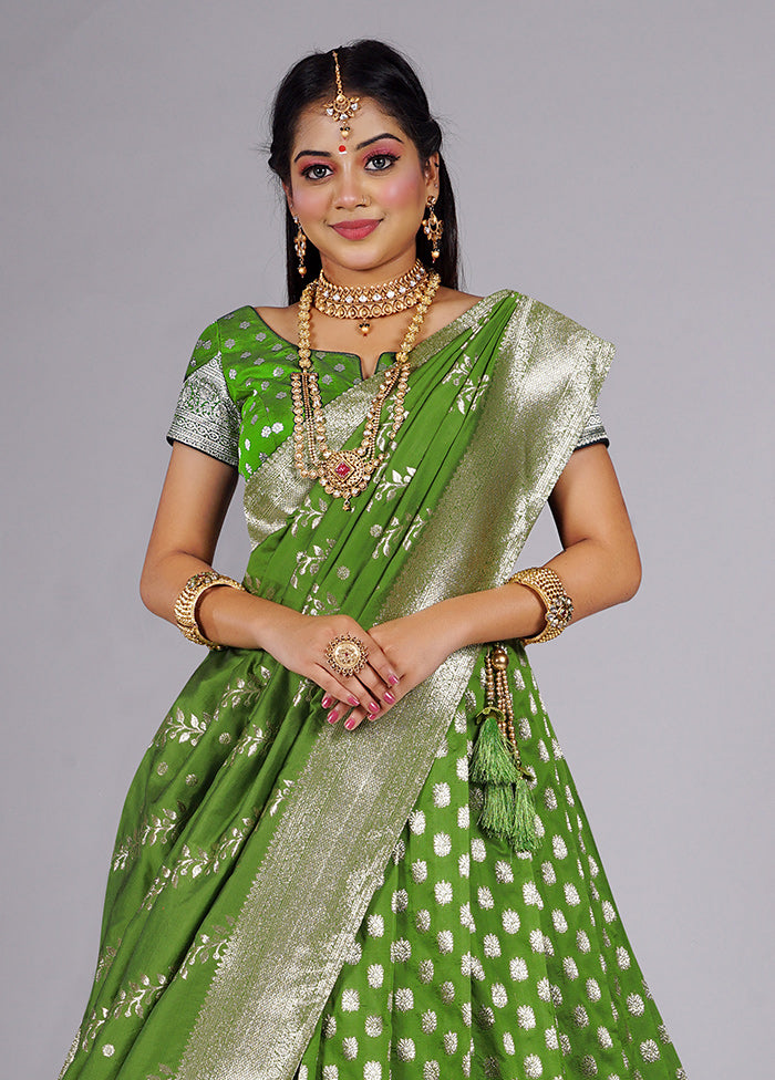 3 Pc Parrot Green Silk Semi Stitched Lehenga Set - Indian Silk House Agencies