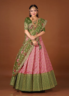 3 Pc Green Silk Semi Stitched Lehenga Set - Indian Silk House Agencies