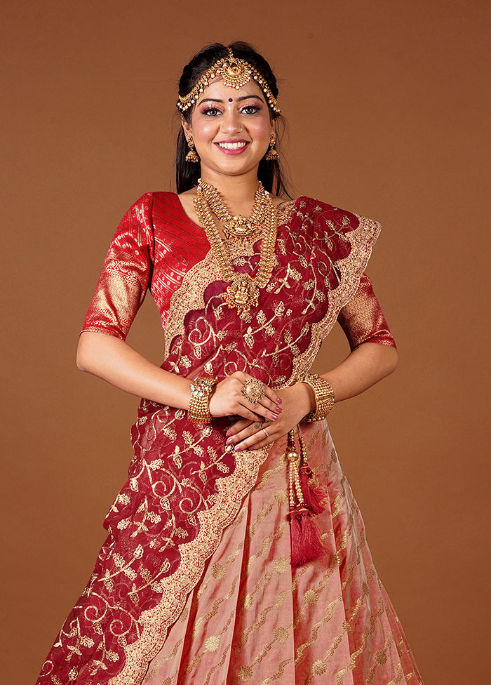 3 Pc Red Silk Semi Stitched Lehenga Set - Indian Silk House Agencies