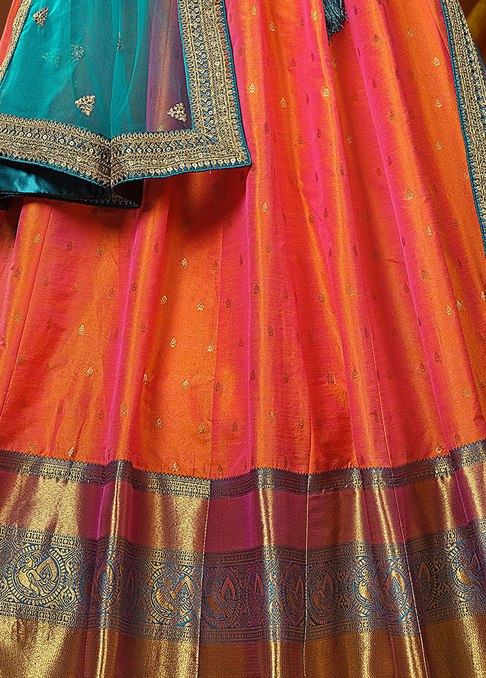 3 Pc Orange Silk Semi Stitched Lehenga Set - Indian Silk House Agencies