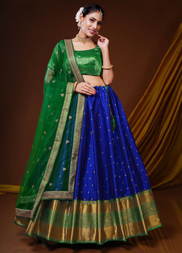 3 Pc Royal Blue Silk Semi Stitched Lehenga Set - Indian Silk House Agencies