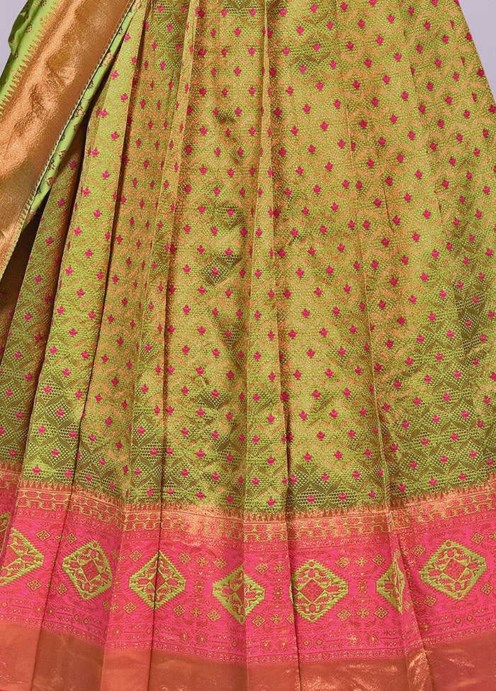 3 Pc Parrot Green Silk Semi Stitched Lehenga Set - Indian Silk House Agencies