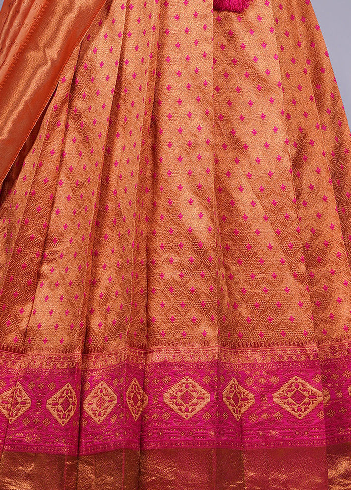 3 Pc Peach Silk Semi Stitched Lehenga Set - Indian Silk House Agencies