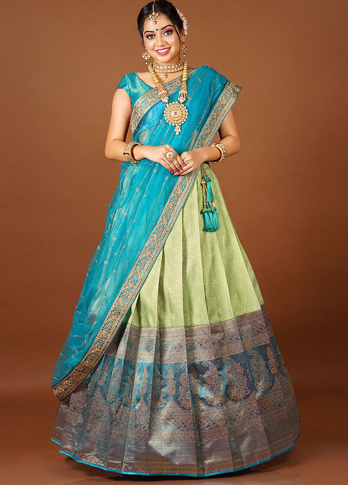 3 Pc Pista Green Silk Semi Stitched Lehenga Set - Indian Silk House Agencies