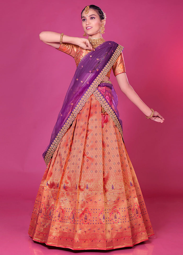 3 Pc Orange Silk Semi Stitched Lehenga Set - Indian Silk House Agencies