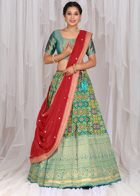 3 Pc Green Silk Semi Stitched Lehenga Set - Indian Silk House Agencies