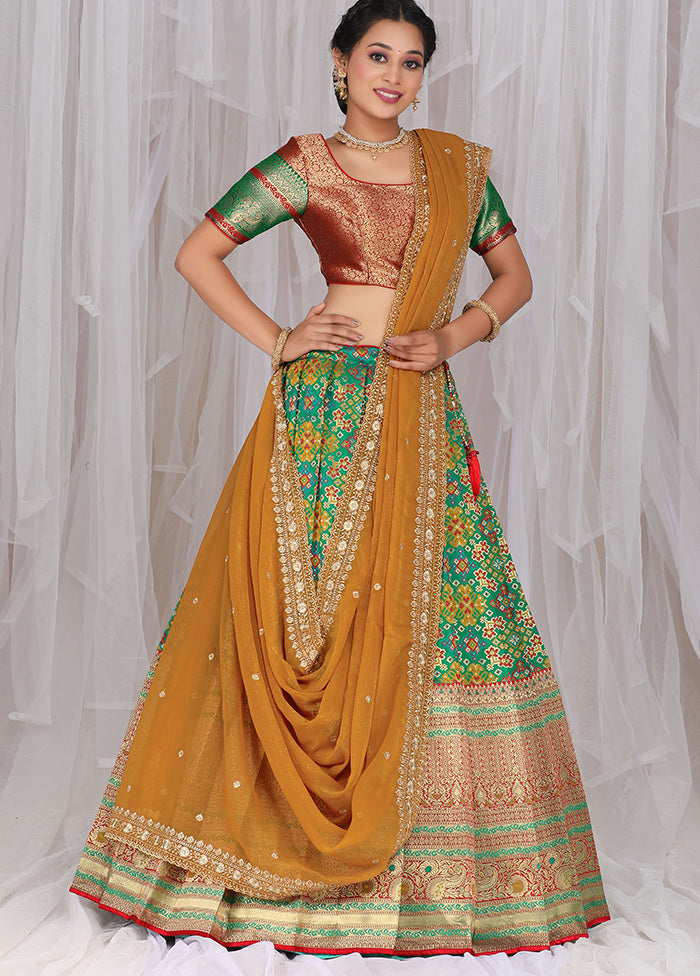 3 Pc Light Green Silk Semi Stitched Lehenga Set - Indian Silk House Agencies