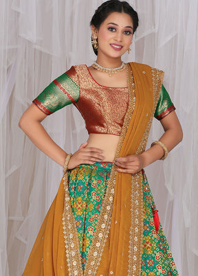 3 Pc Light Green Silk Semi Stitched Lehenga Set - Indian Silk House Agencies