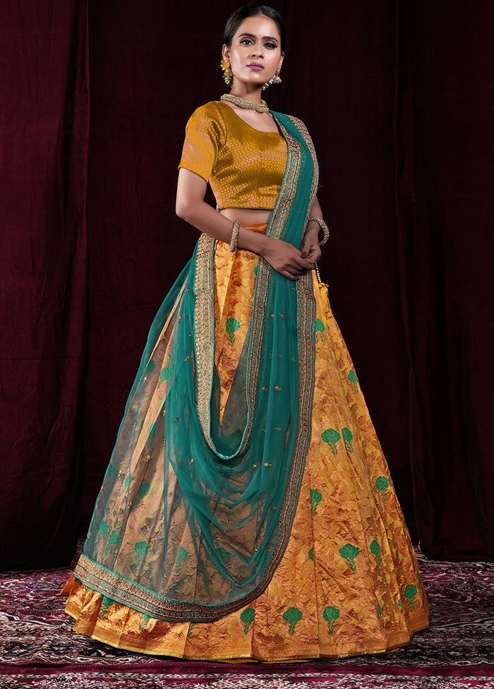 3 Pc Yellow Silk Semi Stitched Lehenga Set - Indian Silk House Agencies