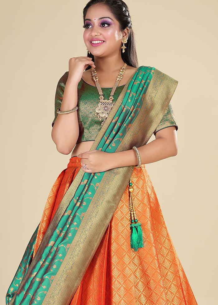 3 Pc Orange Silk Semi Stitched Lehenga Set - Indian Silk House Agencies
