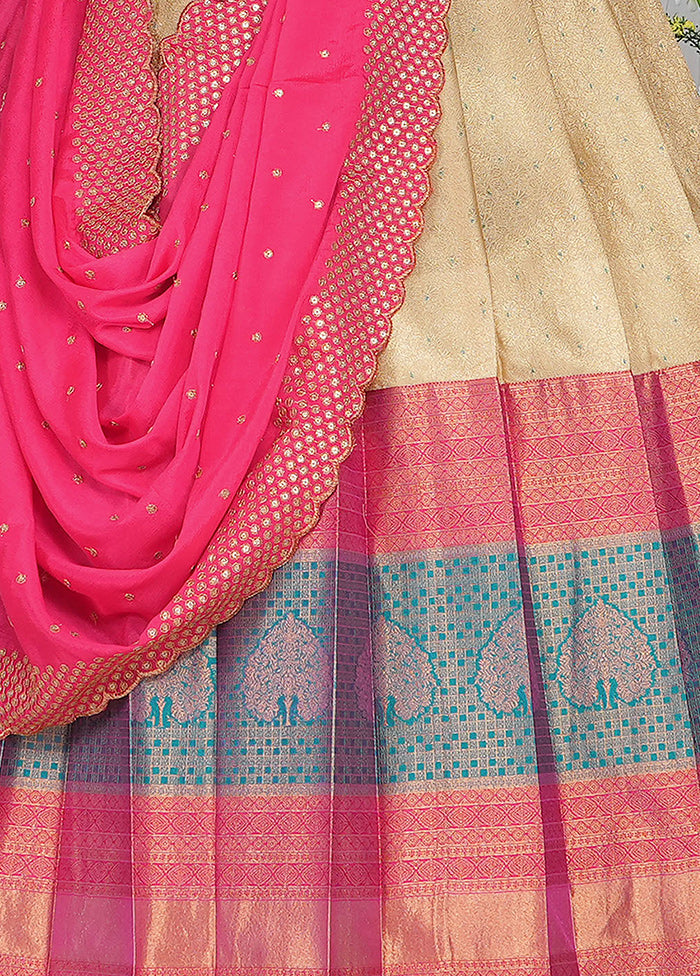 3 Pc Cream Silk Semi Stitched Lehenga Set - Indian Silk House Agencies