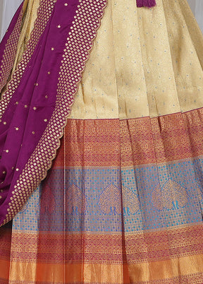 3 Pc Cream Silk Semi Stitched Lehenga Set - Indian Silk House Agencies