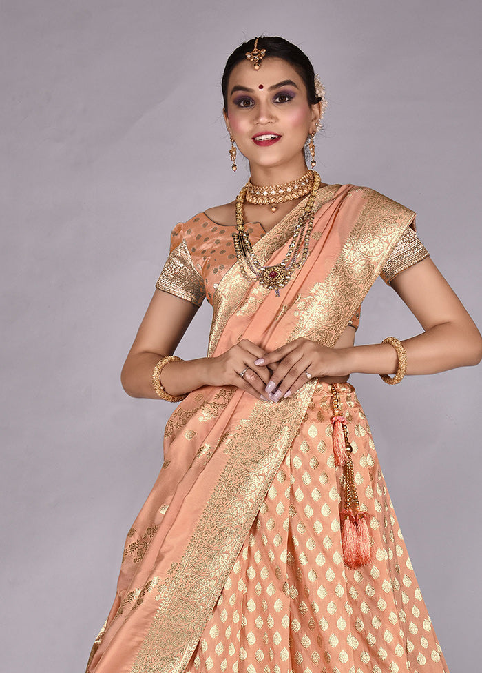 3 Pc Light Peach Silk Semi Stitched Lehenga Set - Indian Silk House Agencies
