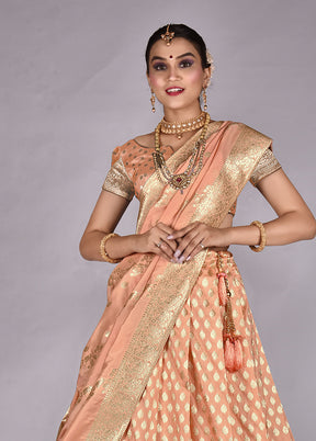 3 Pc Light Peach Silk Semi Stitched Lehenga Set - Indian Silk House Agencies