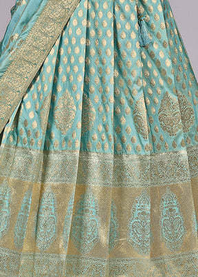 3 Pc Sky Blue Silk Semi Stitched Lehenga Set - Indian Silk House Agencies