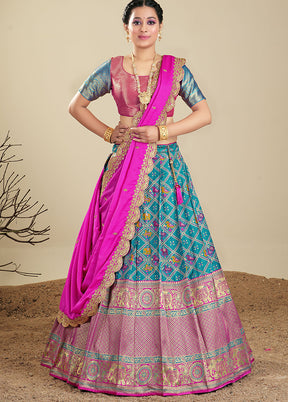 3 Pc Blue Silk Semi Stitched Lehenga Set - Indian Silk House Agencies