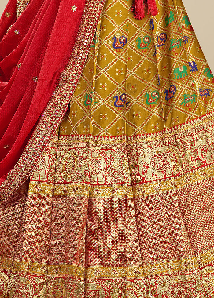 3 Pc Mustard Silk Semi Stitched Lehenga Set - Indian Silk House Agencies