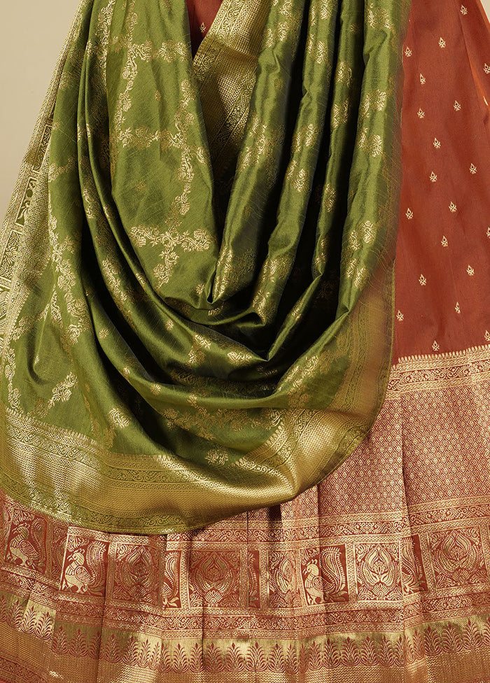 3 Pc Rust Silk Semi Stitched Lehenga Set - Indian Silk House Agencies