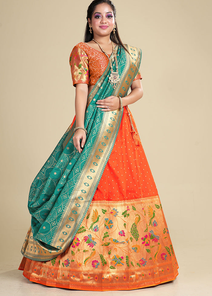 3 Pc Orange Silk Semi Stitched Lehenga Set - Indian Silk House Agencies