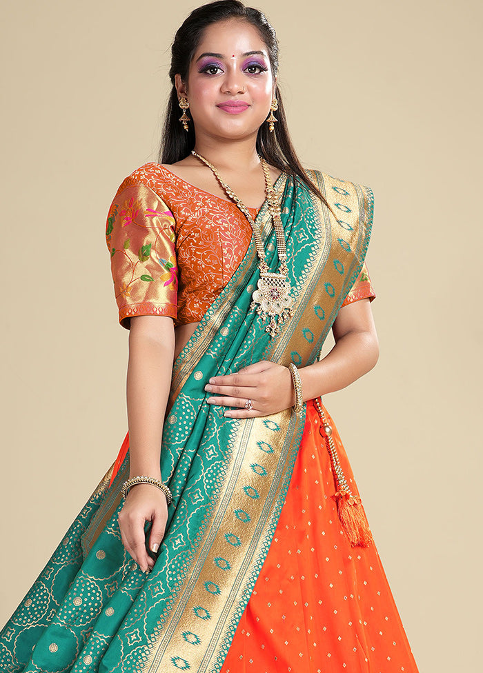 3 Pc Orange Silk Semi Stitched Lehenga Set - Indian Silk House Agencies